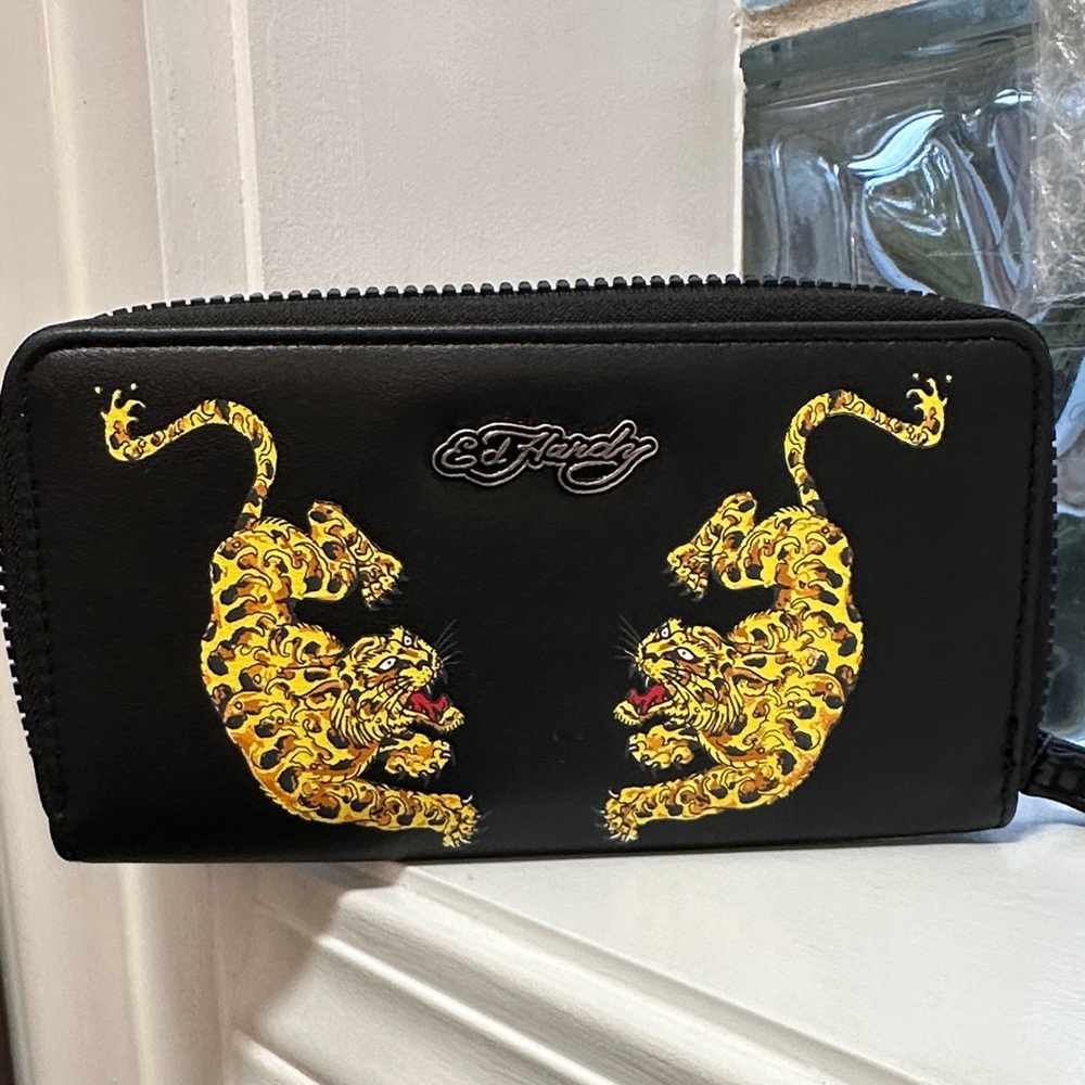 Ed Hardy Black Wallet with Vibrant Yellow Leopard